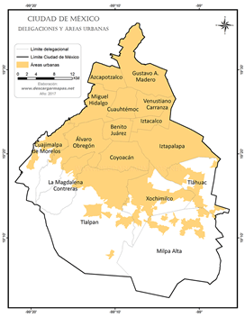 Mapa de delegaciones y áreas urbanas de Ciudad de México